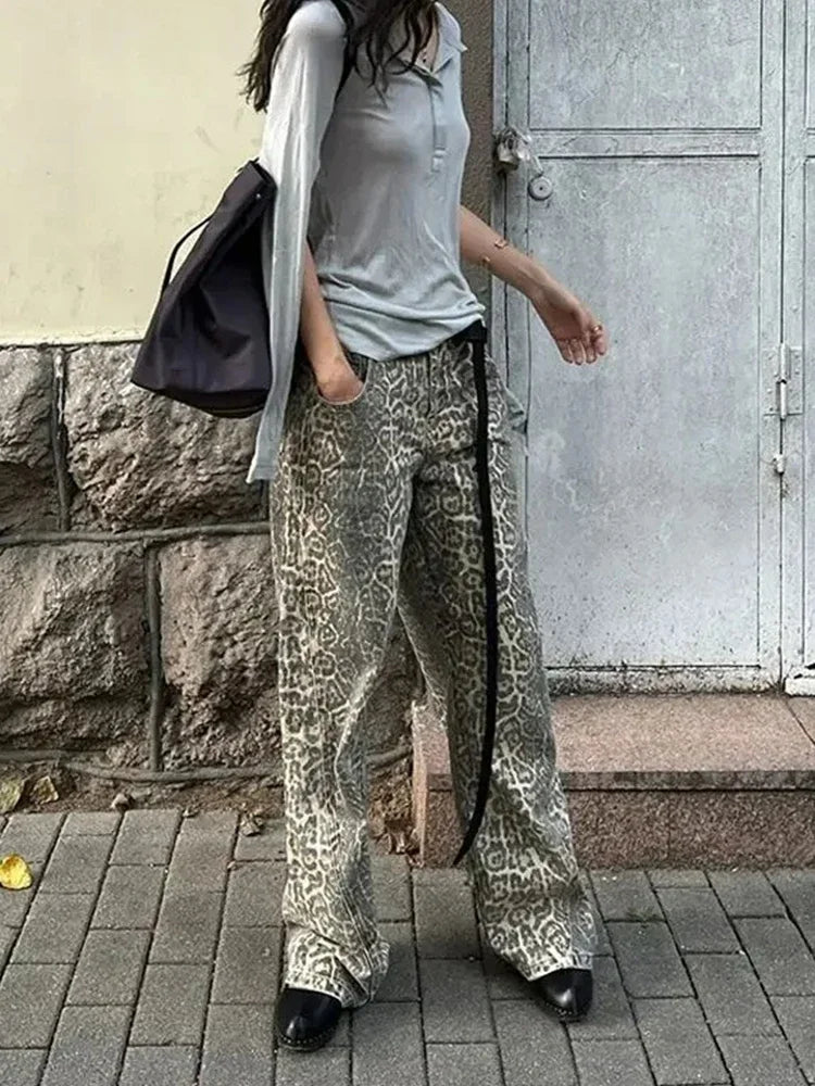 FashionSierra - Girl American Leopard Print Retro Street Casual High Waist Trouser