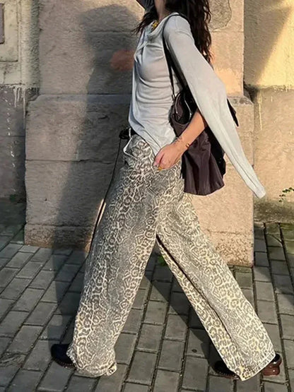 FashionSierra - Girl American Leopard Print Retro Street Casual High Waist Trouser