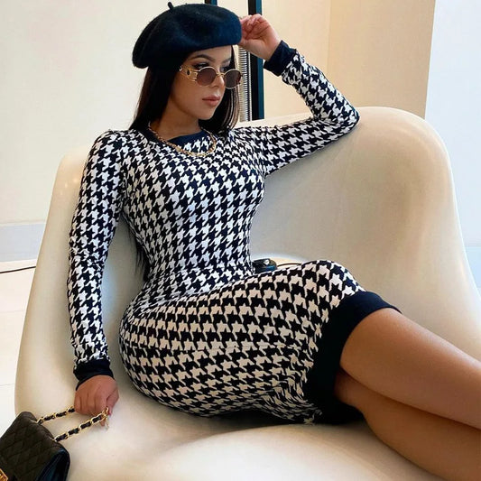 Houndstooth Print Women Long Sleeve Hollow Out Bodycon Streetwear 2025 Autumn Winter Club Elegant Slim Midi Dress