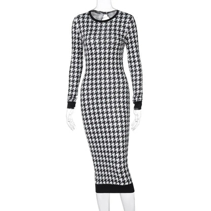Houndstooth Print Women Long Sleeve Hollow Out Bodycon Streetwear 2025 Autumn Winter Club Elegant Slim Midi Dress