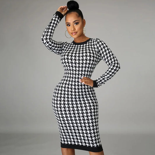 Houndstooth Print Women Long Sleeve Hollow Out Bodycon Streetwear 2025 Autumn Winter Club Elegant Slim Midi Dress