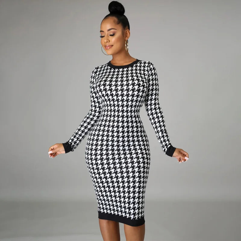 Houndstooth Print Women Long Sleeve Hollow Out Bodycon Streetwear 2025 Autumn Winter Club Elegant Slim Midi Dress