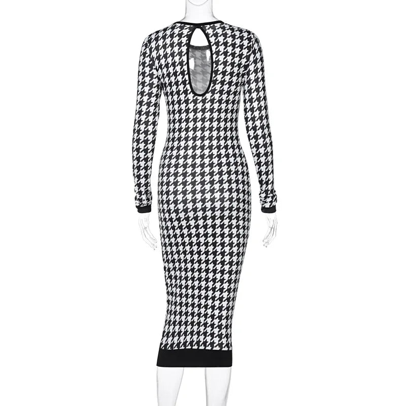 Houndstooth Print Women Long Sleeve Hollow Out Bodycon Streetwear 2025 Autumn Winter Club Elegant Slim Midi Dress