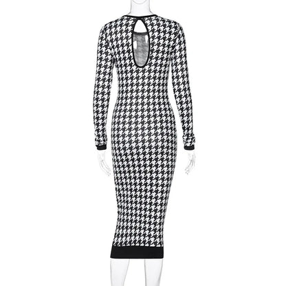 Houndstooth Print Women Long Sleeve Hollow Out Bodycon Streetwear 2025 Autumn Winter Club Elegant Slim Midi Dress