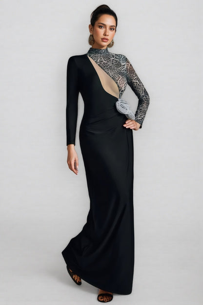 Gryixel Long Sleeve Leopard Flower Maxi Dress