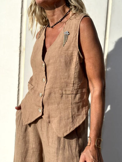 Conjunto elegante de dos piezas de chaleco y pantalón de lino marrón para mujer | Ideal para primavera/verano
