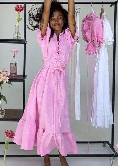 Ivory Grace - Puff Sleeve Linen Midi Dress