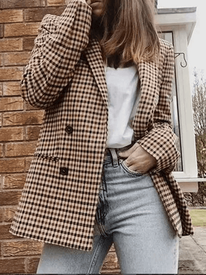 Women's Casual Khaki Plaid Blazer with Pockets | Great for All Seasons