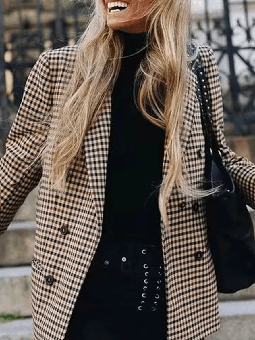 Women's Casual Khaki Plaid Blazer with Pockets | Great for All Seasons