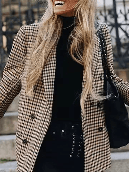 Women's Casual Khaki Plaid Blazer with Pockets | Great for All Seasons