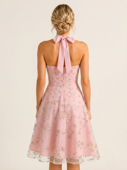 Vintage 1950s Floral Midi Dress For Women - Halter Neck Mesh Embroidery A-Line Sundress - Spring Garden Wedding Guest 2026