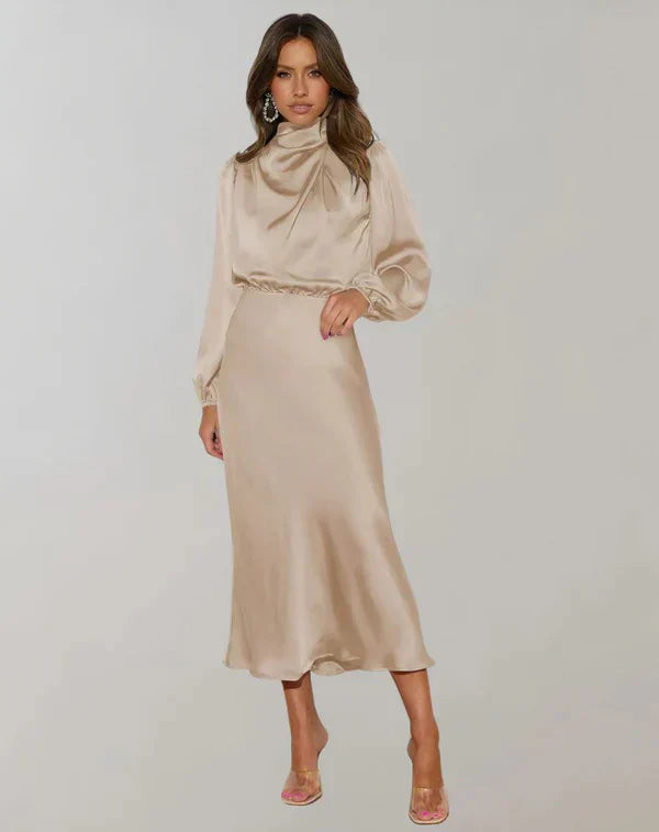 Elegante vestido de satén con cuello alto y manga larga para mujer | Ideal para primavera/verano