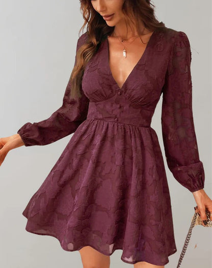 Vestido de cóctel informal de manga larga con escote en V para mujer | Ideal para primavera/verano