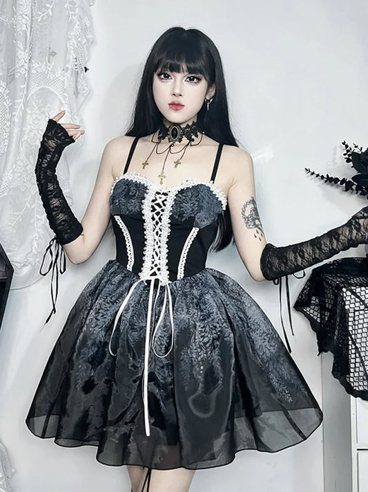 Gothic Spliced Printed Suspender Corset A Line Vintage Sexy Kawaii Mini Dress