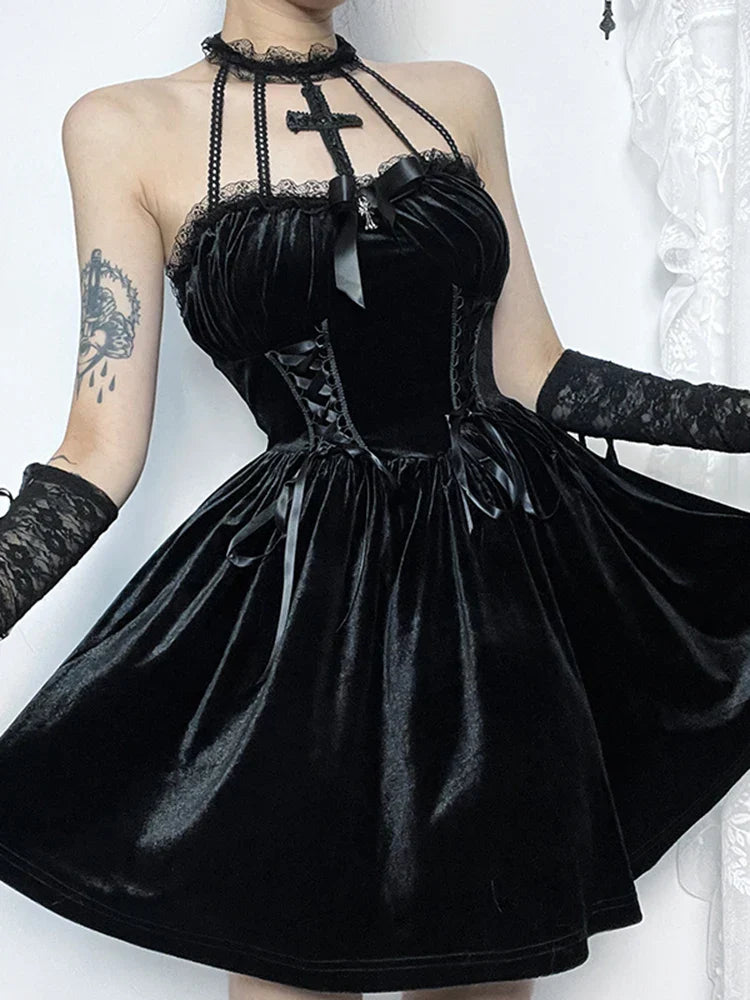 Velvet Criss-Cross Halter Vintage Draped Lace Sleeveless Bodycon Backless A-Line Dress
