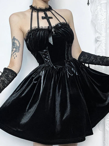 Velvet Criss-Cross Halter Vintage Draped Lace Sleeveless Bodycon Backless A-Line Dress