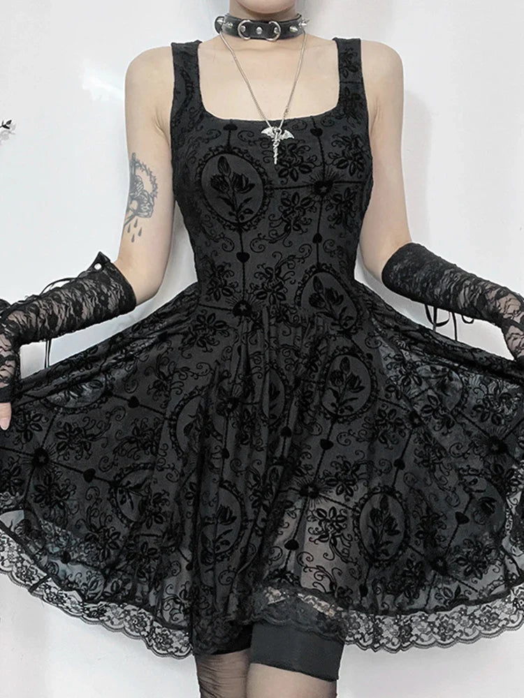 Gothic Vintage Lace Patchwork Sleeveless Draped Spaghetti Strap Bodycon Cami Dress