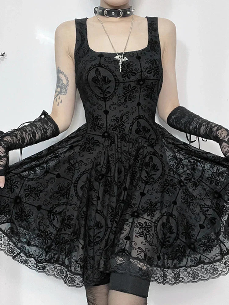 Gothic Vintage Lace Patchwork Sleeveless Draped Spaghetti Strap Bodycon Cami Dress