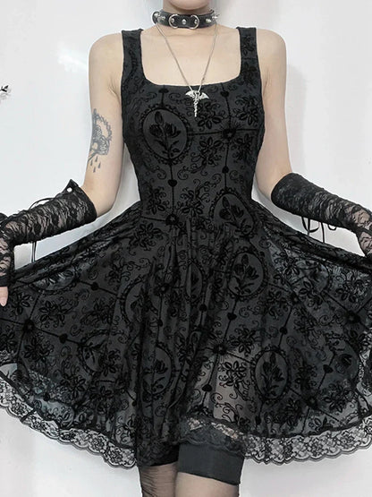 Gothic Vintage Lace Patchwork Sleeveless Draped Spaghetti Strap Bodycon Cami Dress