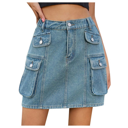 2025 Denim Skirt Street Tooling Style Flap Ribbon Details Workwear High Street Skirt