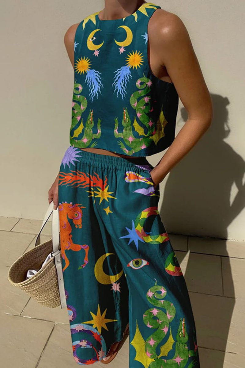 Conjunto de camiseta de tirantes con estampado único de mezcla de lino