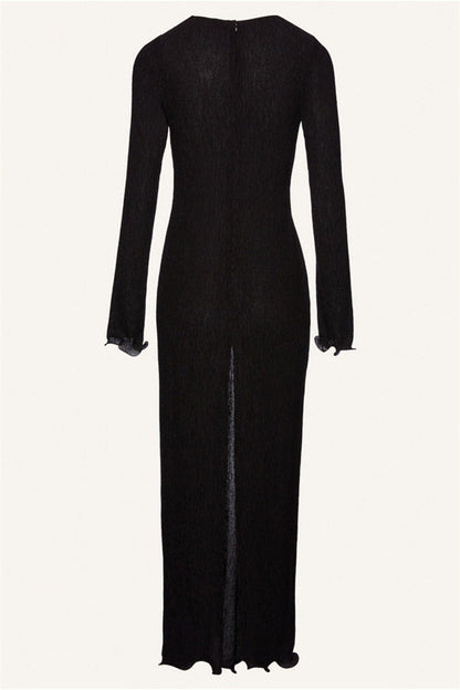 3D Flower Long Sleeve V-Neck Split Maxi Dress Black
