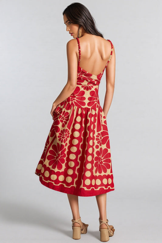 Xenia Print Polka Dot Sleeveless Frill Midi Dress
