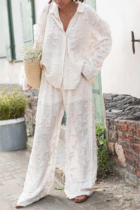 Embroidered Solid Long Sleeve Shirt & Embroidered Solid Pants Set
