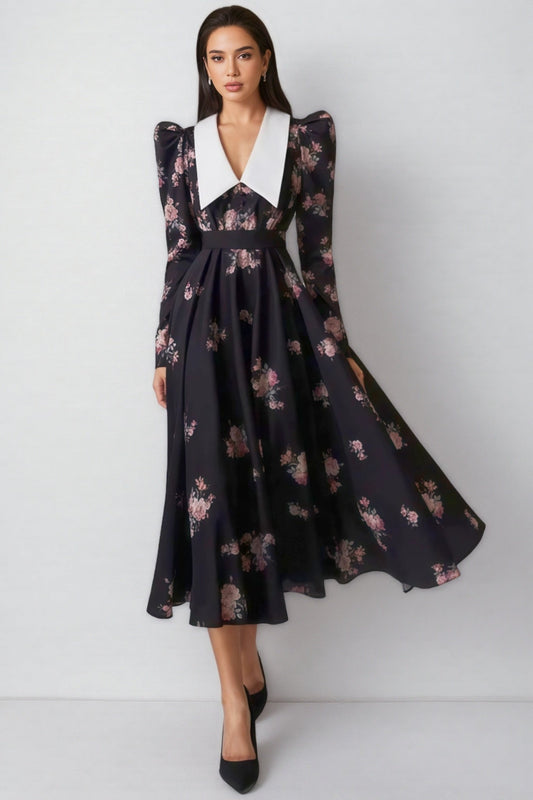 Eamon Floral Contrast Collar Puff Sleeve Midi Dress
