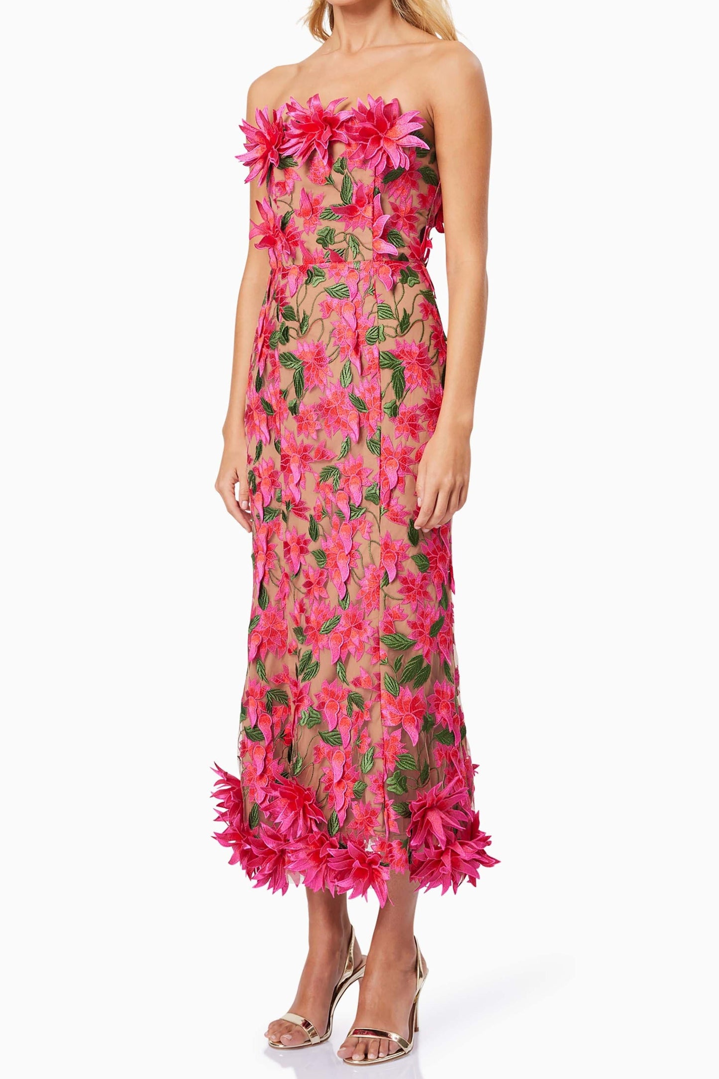 Embroidered 3D Flower Off-Shoulder Midi Dress