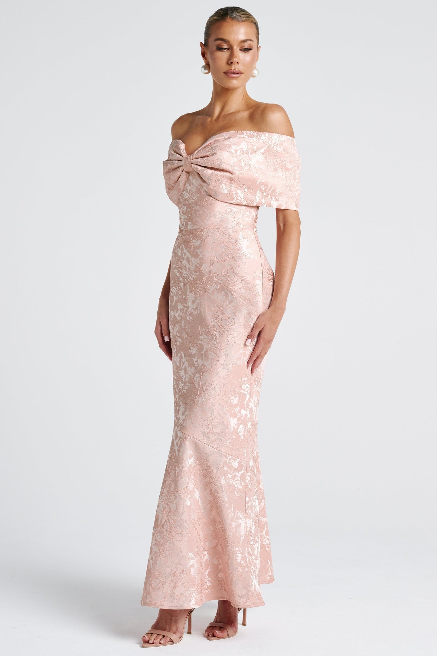 Bow Jacquard Off-Shoulder Maxi Dress