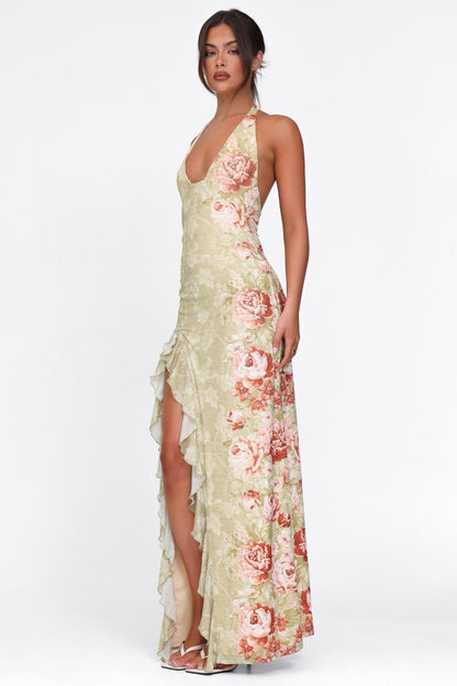 Floral Halter Neck Split Maxi Dress