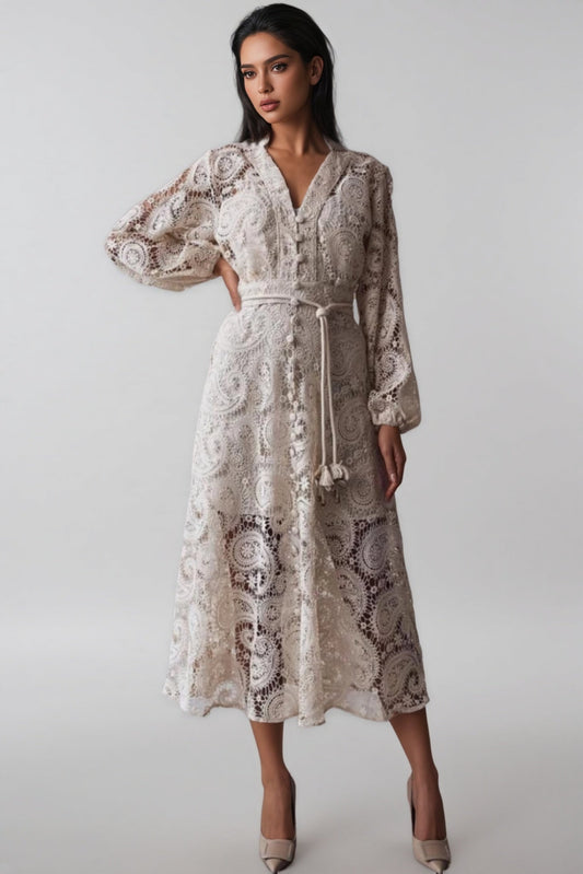 Theod Lace Lantern Sleeve Midi Dress