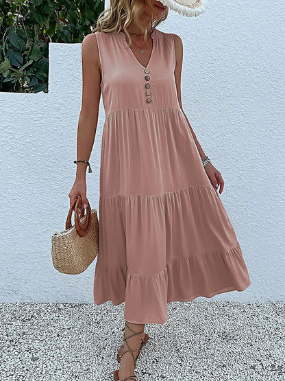 JIM & NORA Summer Women Sleeveless Tank V Neck Buttons Ruffle Loose Beach Solid Sun Fashion Midi Dress