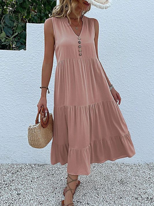 JIM & NORA Summer Women Sleeveless Tank V Neck Buttons Ruffle Loose Beach Solid Sun Fashion Midi Dress