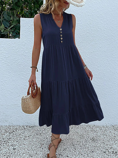 JIM & NORA Summer Women Sleeveless Tank V Neck Buttons Ruffle Loose Beach Solid Sun Fashion Midi Dress