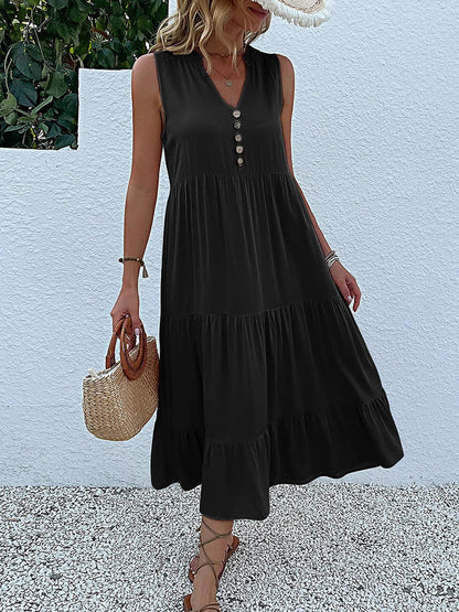 JIM & NORA Summer Women Sleeveless Tank V Neck Buttons Ruffle Loose Beach Solid Sun Fashion Midi Dress