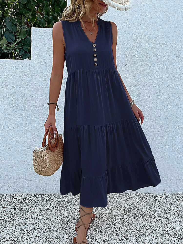JIM & NORA Summer Women Sleeveless Tank V Neck Buttons Ruffle Loose Beach Solid Sun Fashion Midi Dress