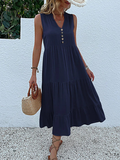 JIM & NORA Summer Women Sleeveless Tank V Neck Buttons Ruffle Loose Beach Solid Sun Fashion Midi Dress