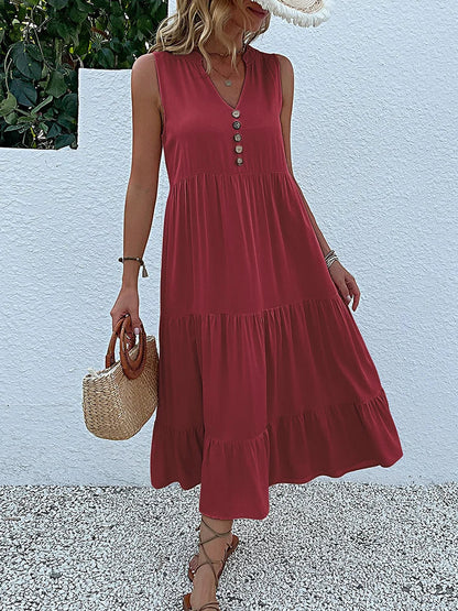 JIM & NORA Summer Women Sleeveless Tank V Neck Buttons Ruffle Loose Beach Solid Sun Fashion Midi Dress