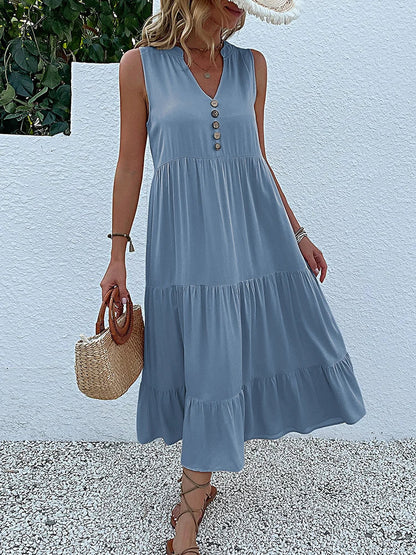 JIM & NORA Summer Women Sleeveless Tank V Neck Buttons Ruffle Loose Beach Solid Sun Fashion Midi Dress