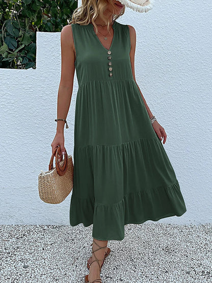 JIM & NORA Summer Women Sleeveless Tank V Neck Buttons Ruffle Loose Beach Solid Sun Fashion Midi Dress