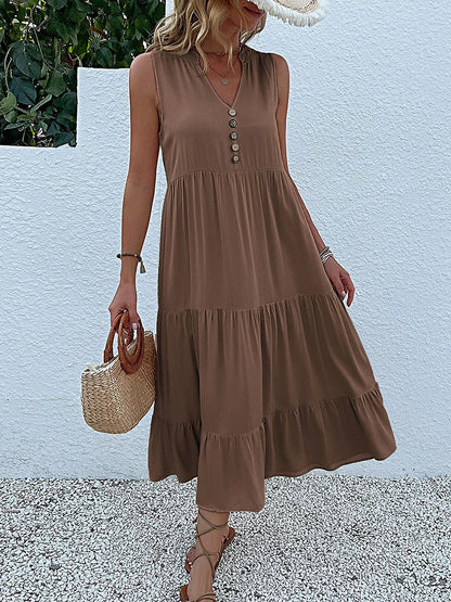 JIM & NORA Summer Women Sleeveless Tank V Neck Buttons Ruffle Loose Beach Solid Sun Fashion Midi Dress