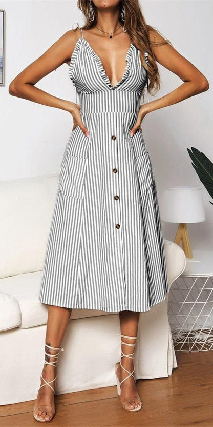 Plunge Neck Nautical Striped Dress