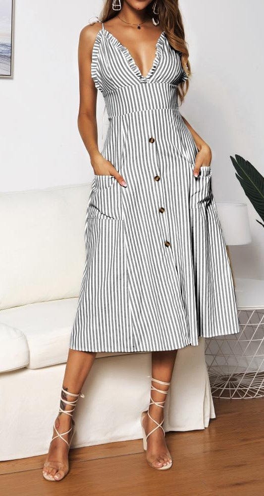 Plunge Neck Nautical Striped Dress