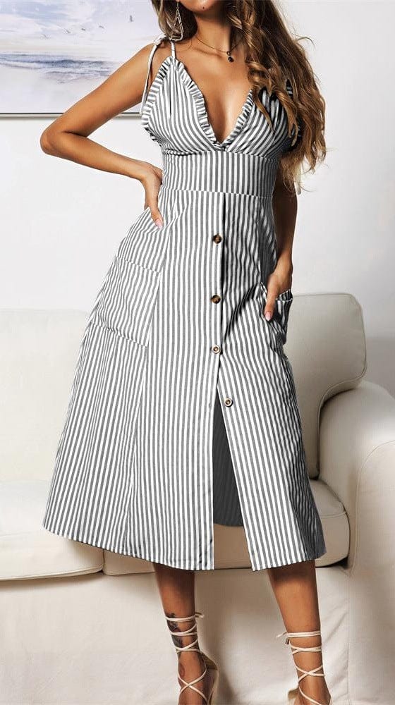 Plunge Neck Nautical Striped Dress