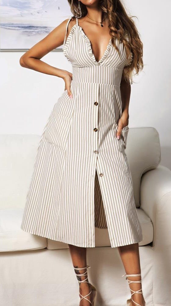 Plunge Neck Nautical Striped Dress