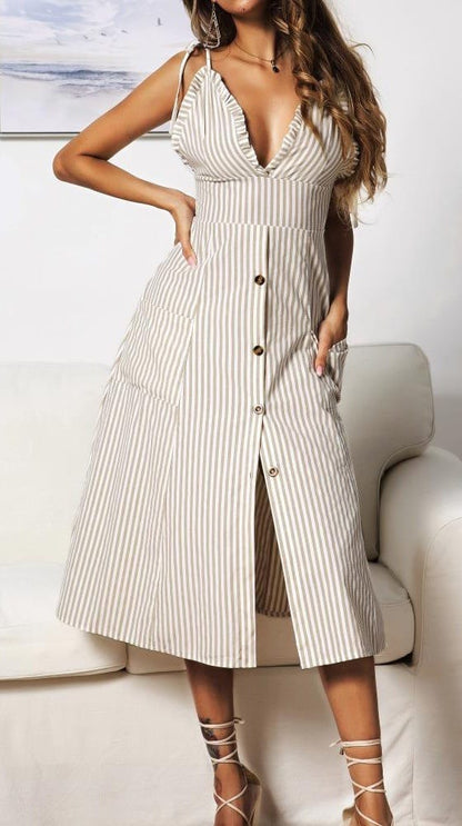 Plunge Neck Nautical Striped Dress