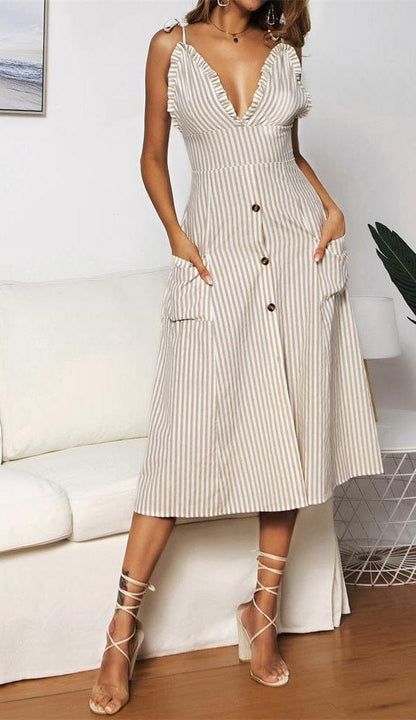 Plunge Neck Nautical Striped Dress