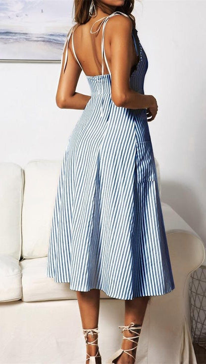 Plunge Neck Nautical Striped Dress